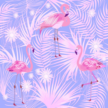 Tropical leaves and flamingo seamless pattern, vector