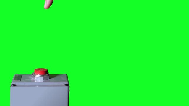 A finger casually presses an industrial red button. Three options. Green screen with optional luma matte.  	