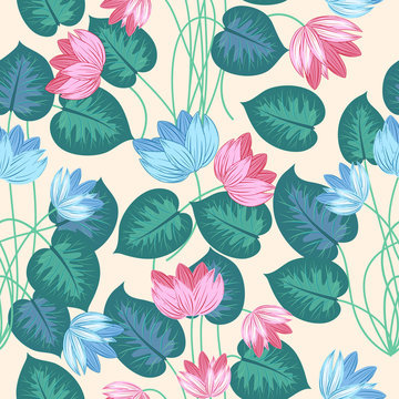 Tropical leaves and flowers seamless pattern, vector © Artlu