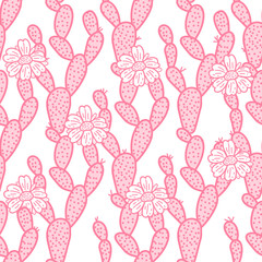 Cute pink cactus hand drawing with flowers seamless pattern. Vector illustration cacti isolated on white background.