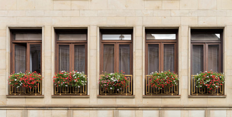 Flower boxes full of geraniums in front of windows in Bratislava.