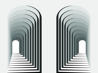 Abstract Black and White Geometric Pattern with Colonnades and Tunnels. Symmetric Architectural Light and Shadow. 3D Illustration