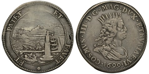 Italian State Toscana 1 one piaster 1699, port with sailing ships and light house, motto in Latin all this is obvious and beneficial, bust of king Cosimo III right,