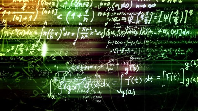 Blocks of abstract mathematical formulas are written and moved in the virtual space. The camera flies through the mathematical formulas. looped