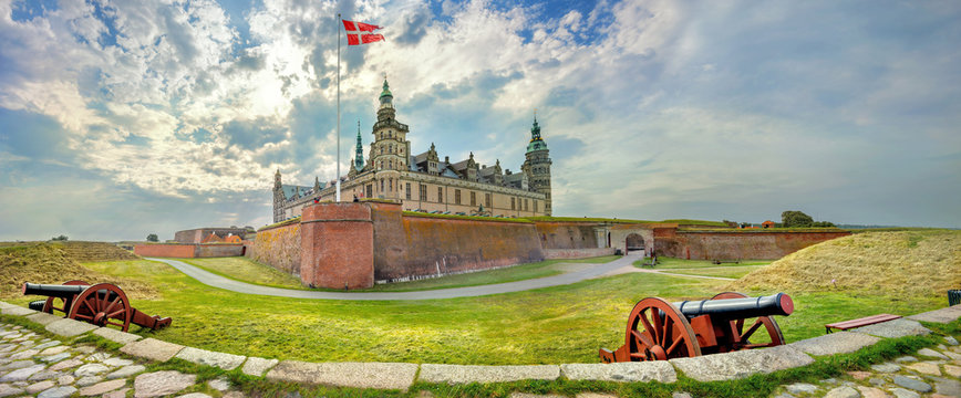 Fortifications with cannons and walls of fortress in Kronborg castle (Castle of Hamlet). Helsingor, Denmark