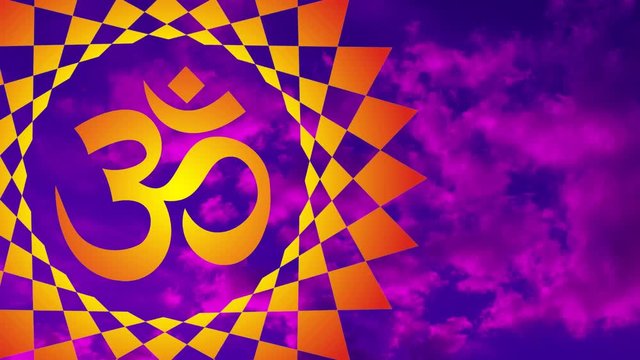 Bright yellow-red mandala with the sign Aum / Om / Ohm rotation against the background of a blue sky with purple clouds. Video