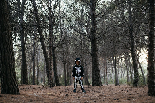 Boy in skeleton costume standing in forest