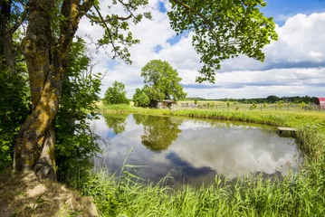 Fototapeten View of the small pond of a country farm on a clear summer day, Latvia © Aastels