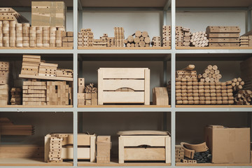 Shelf With Stacked Wooden Elements In The Furniture Factory