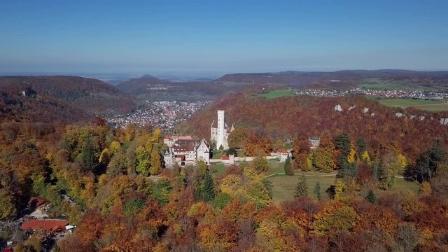 Flight around Lichtenstein Castle in the Swabian Jura, Baden-Wurttemberg, Germany.