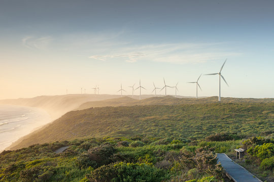 Massive Wind Power Turbines On Coast