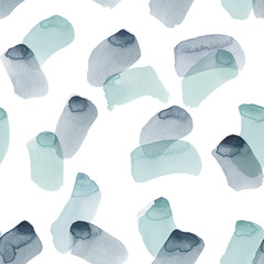 White seamless pattern illustration with watercolor blue spots and blemishes. Will be good for decor a postcard, posters, gift decor, wrapping paper, gift boxes, fabric and etc.
