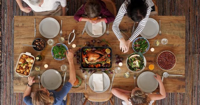 above view of family preparing table enjoying thanksgiving meal together tasty homemade lunch time lapse