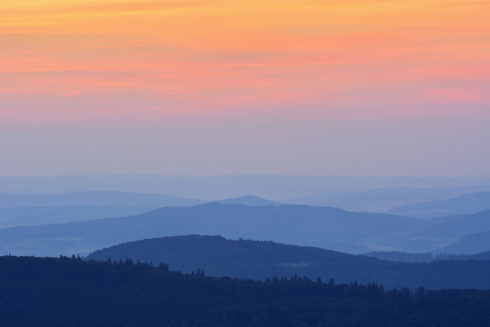 Low Mountain Landscape at Dusk, Abtsrodaer Kuppe, Wasserkuppe, Poppenhausen, Rhon Mountain Range, Hesse, Germany
