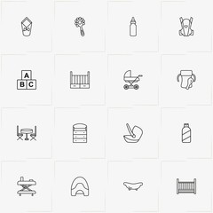 Baby Care line icon set with cupboard with shelves, shampoo and baby bath