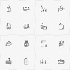 Bags line icon set with lady purse, baggage and backpack
