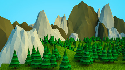 low polygonal Christmas trees and mountains. Landscape. Computer graphics
