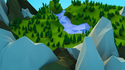 low polygonal Christmas trees and mountains. Landscape. Computer graphics
