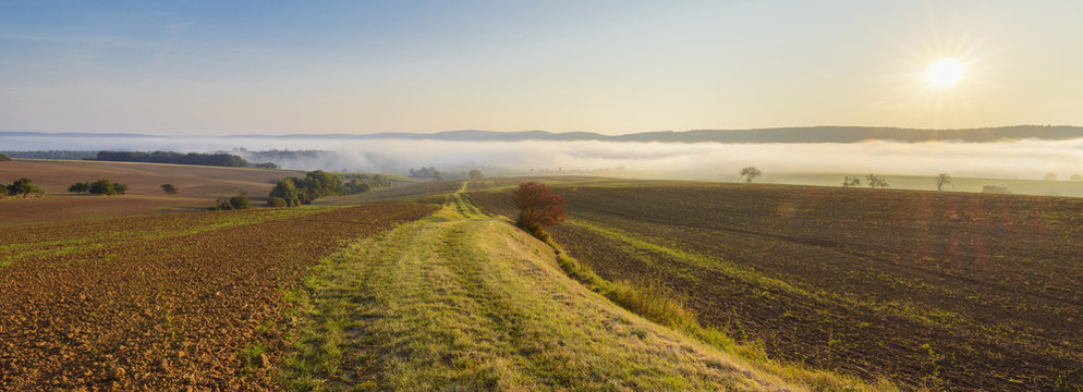 Countryside with pathway and morning mist over the fields at sunrise in the community of Grossheubach in Bavaria, Germany