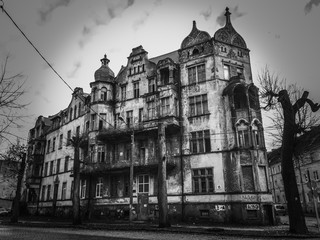 Russia, urban in city. Abandoned Historic Building in Black and White
