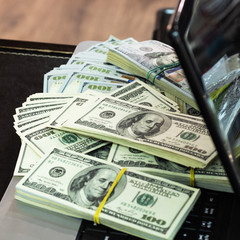 Macro shot of 100 dollar. Dollars Close Up Concept. American Dollars Cash Money. Lots of money on...