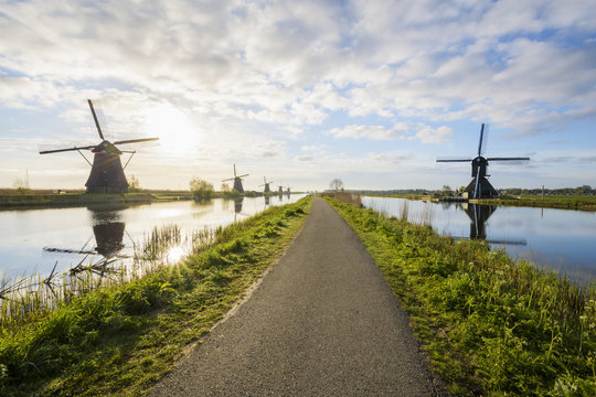 Dike Path with Windmills, Kinderdijk, South Holland, Netherlands