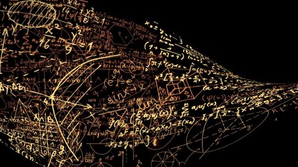 Blocks of abstract mathematical formulas are written and moved in the virtual space. Mathematical formulas is bent in the form of a tape. looped - Powered by Adobe