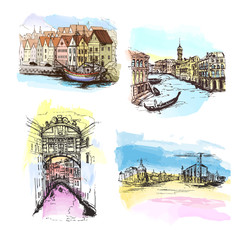 Set of Cityscape Vector Illustration Line Sketched Up.Italy.Venice.Watercolor  Hand drawn sketch of European city