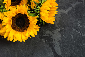 Yellow Sunflower Bouquet on Grey Grunge Background, Autumn Conce