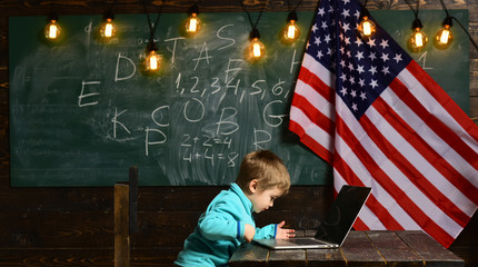 online courses concept. online courses of small boy with american flag on independence day.