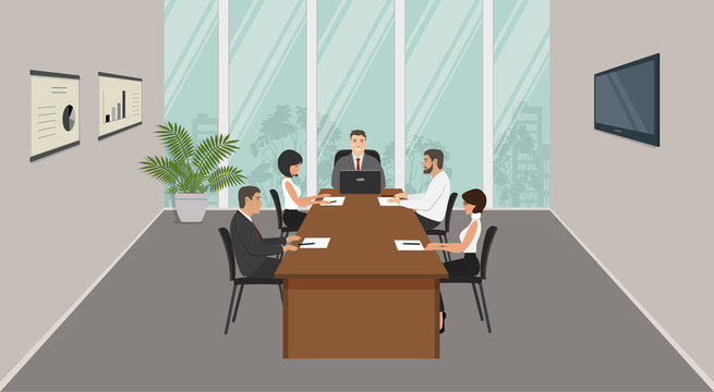 Office workers during the meeting. Young women and men are sitting at the desk in the office. Conference hall. On the desk is laptop, paper for notes and pencils. There is also a flower here. Vector