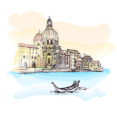 Italy.Venice - Cathedral of Santa Maria - watercolor vector sketch.The gondoliers floats with tourists.Cityscape Vector Illustration Line Sketched Up.Hand drawn sketch of European city. © Alex