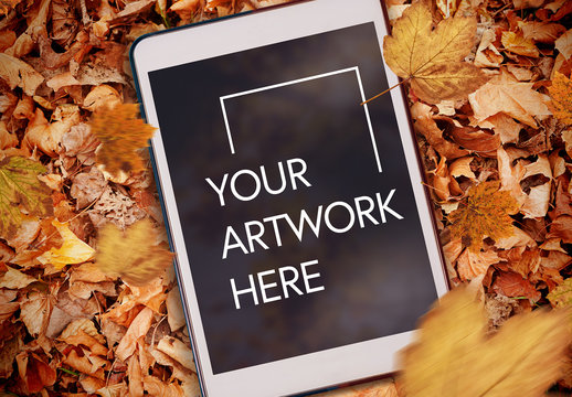 Tablet on Fall Leaves Mockup