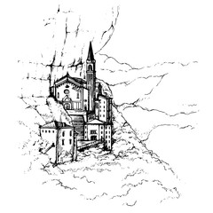 Obraz premium Castle building on the hill Hand drawn sketch vector illustration.Graphic drawing.Italy.Verona.