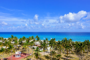 Turquoise ocean coast with palm trees in Cuba