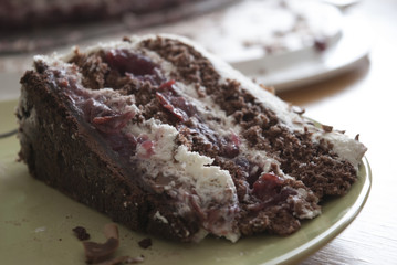 Slice of layered chocolate cherry cake