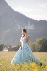 blond girl in blue dress infront of the castle