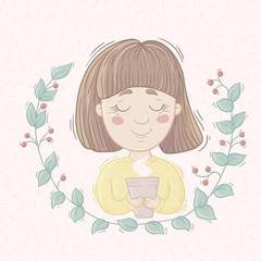 Cute cartoon girl with cup of aromatic coffee. Harmony and relax. Hand drawn.