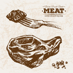 Hand drawn sketch steak meat products set