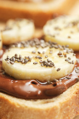 
Banana and hazelnut cocoa spread sandwich, close up