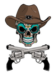 Cowboy skull in a western hat and a pair of crossed guns