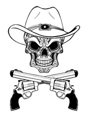 Cowboy skull in a western hat and a pair of crossed guns