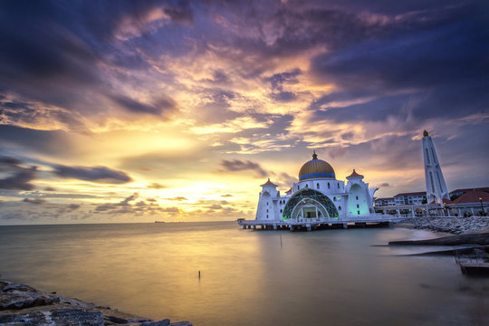 Majestic sunset of Mosque at selat Melaka, Malaysia