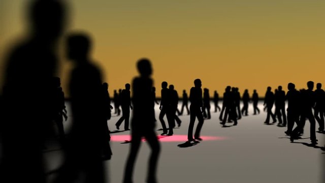 Concept animation of silhouetted people walking in front of camera with a single Pink/Red Female silhouette walking right to left in focus.