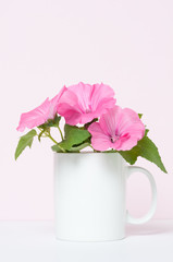blank white coffee mug mock up with pink flowers