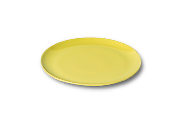 Empty yellow ceramic plate isolated on white background.