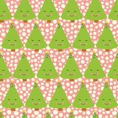 Christmas trees with a face. Kids fun Christmas pattern. Seamless christmas vector pattern. Fun Christmas pattern. Childrens gift wrap. Perfect for the holidays. Cards, wrapping, packaging, fabric.