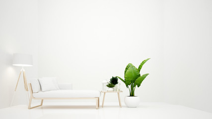 Living room on white tone minimal style - White daybed with floor lamp and plant in white room and empty space for add message - Interior simple design - 3D Illustration