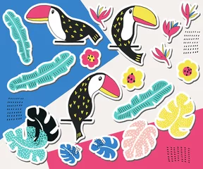 Velours gordijnen Onder de zee Toucan bloemen sticker collectie. Zomerparadijs in tropische jungles met prachtige vogels en fantastische bloemen. Vector illustratie.
