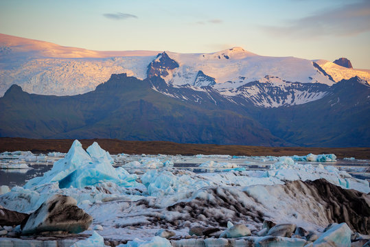 Icebergs in Jokulsarlon glacier lagoon. Vatnajokull National Park, Iceland Summer.Midnight Sun.